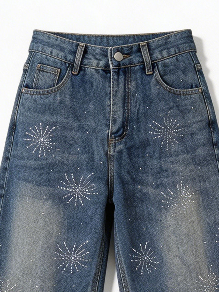 High Waist Rhinestone Star Pattern Wide Leg Jeans Fashion Blue Denim Trousers ZY5103
