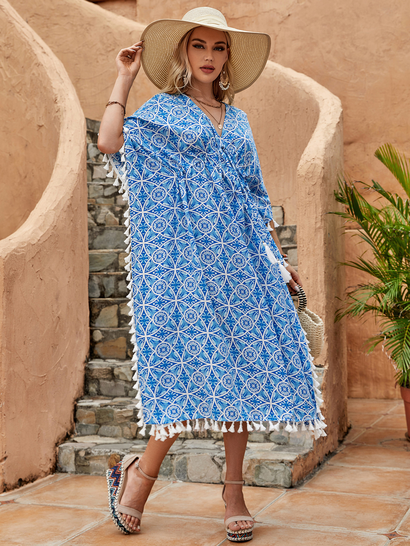 Women’s Resort Geometric Print Beach Caftan Dress D-35215