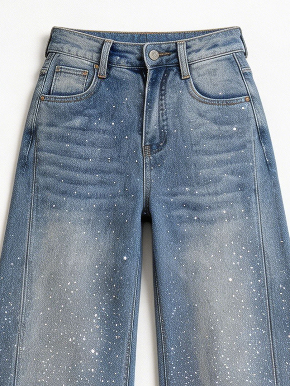 Premium Crystal Embellished Flare Jeans Women High Rise Statement Wash Denim ZY6025