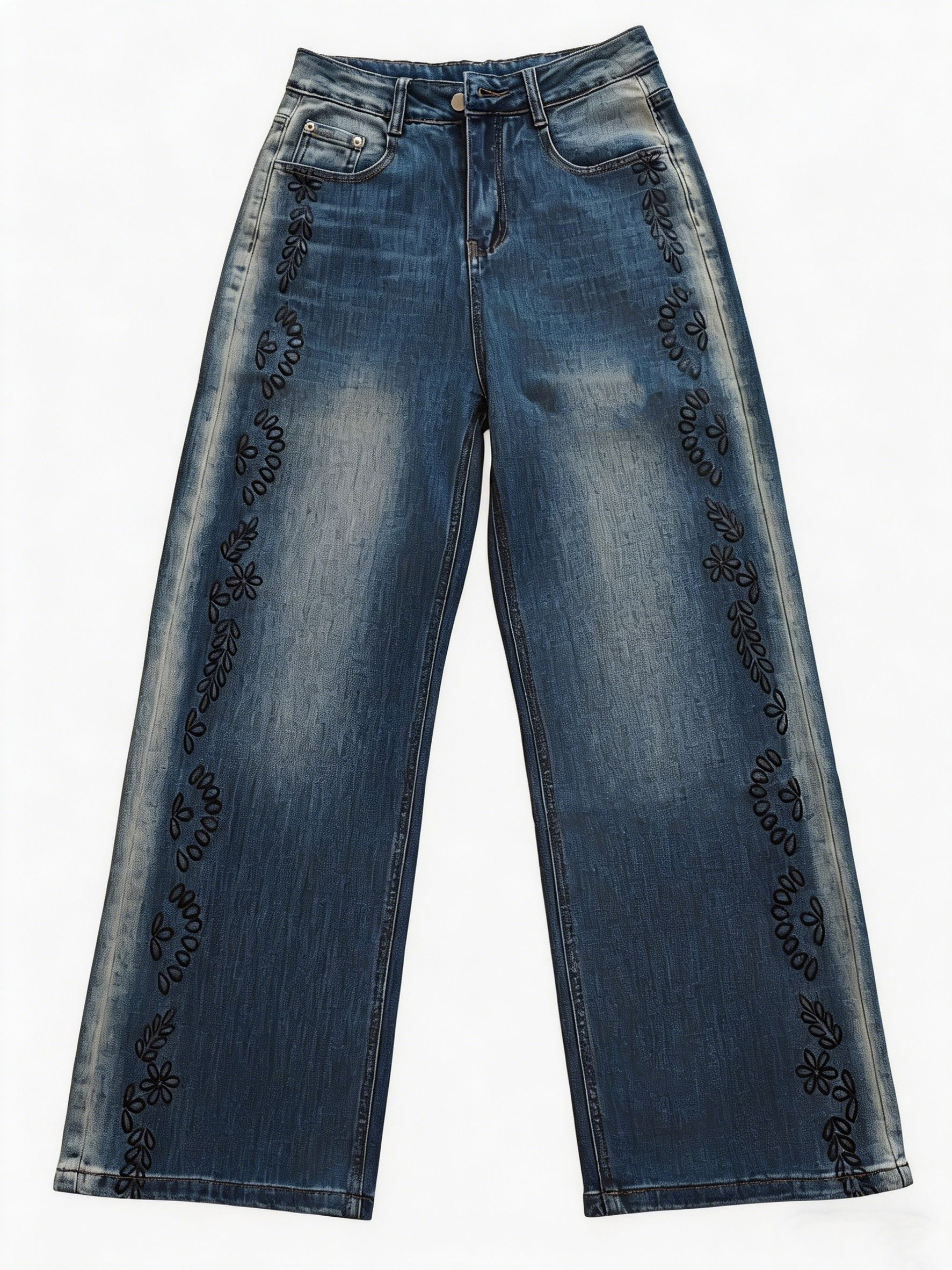 Boho Chic Laser Printed Wide Leg Jeans High Waist Side Pattern Statement Denim ZY6029