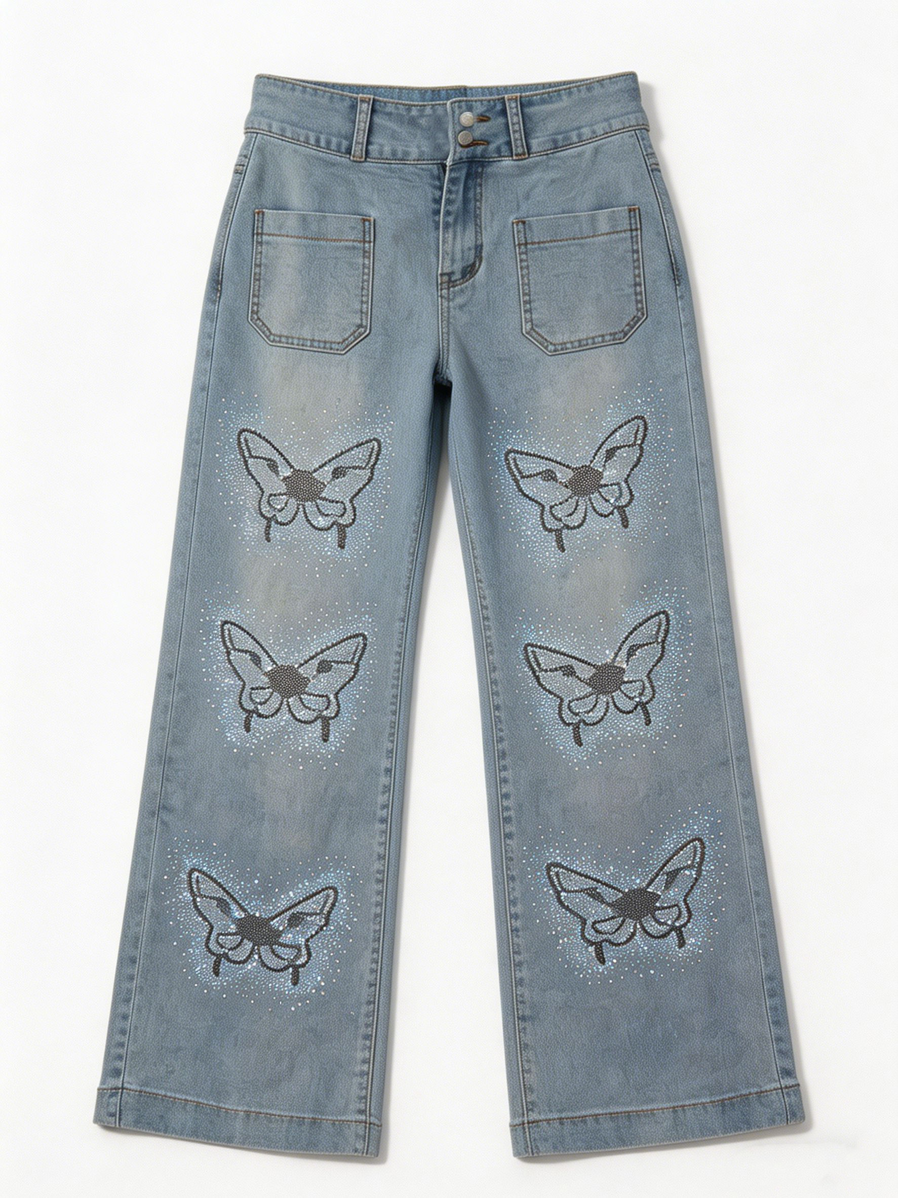 Women's Light Wash Butterfly Bling Straight Leg Jeans ZY6036
