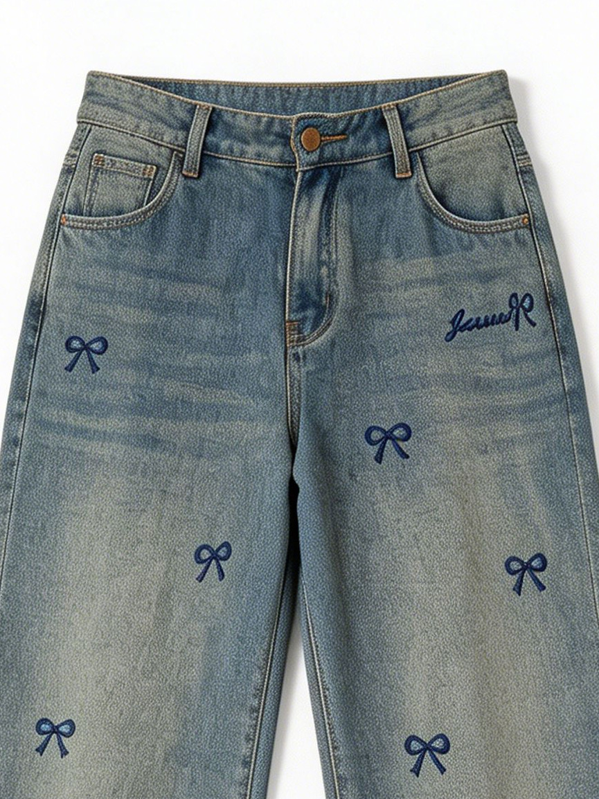 Women's High Waist Bow Detail Wide Leg Denim Pants ZY6037