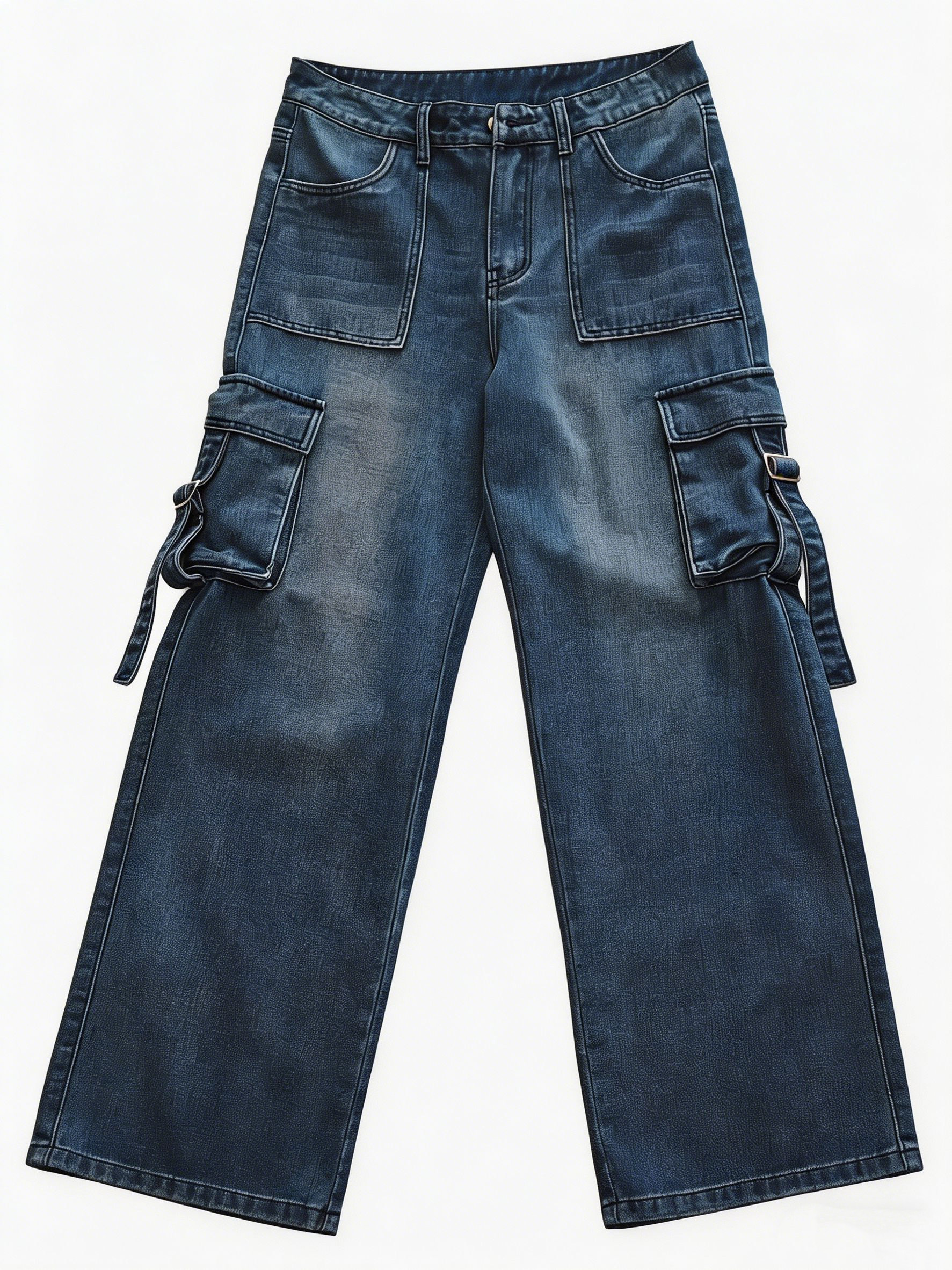 Mid Wash High Waisted Wide Leg Cargo Jeans with Side Pockets ZY6039