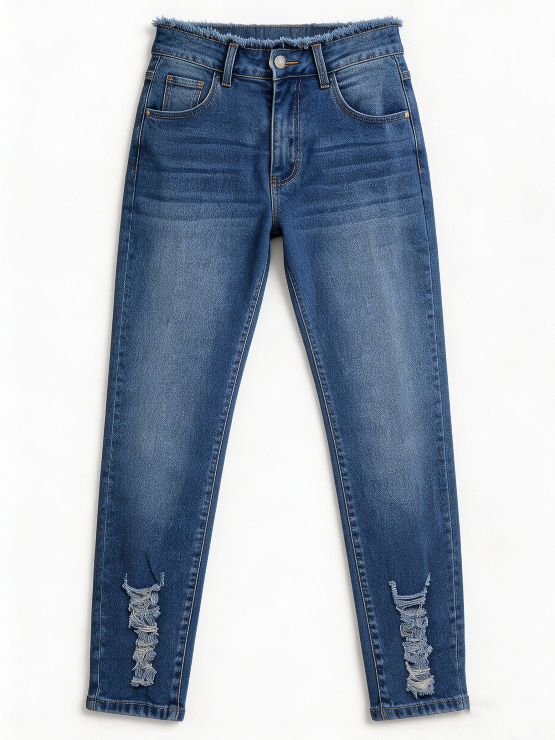 Mid-Wash Ripped Knee Frayed Waist Denim Jeans ZY6050