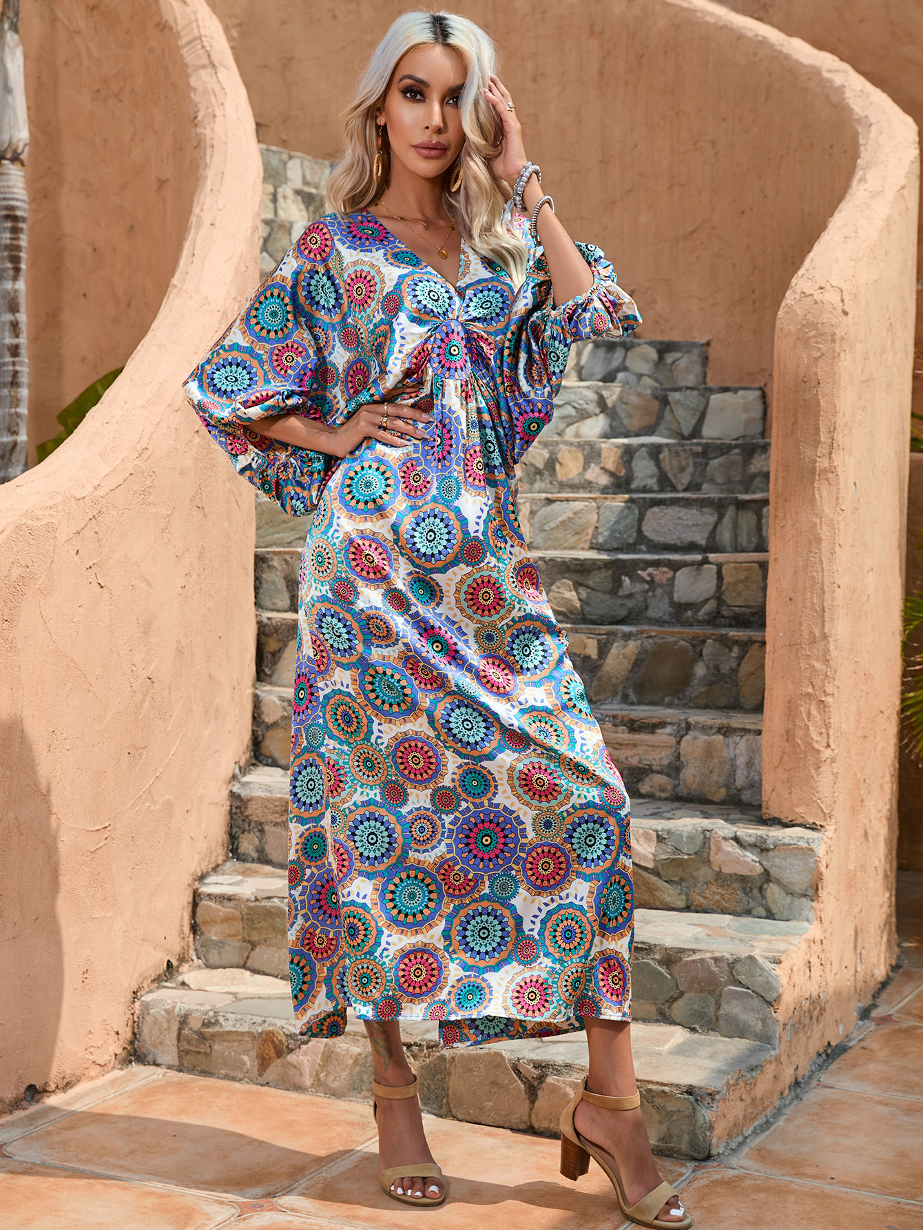 Women Boho Mandala Print V Neck Knot Front Kimono Sleeve Maxi Dress W-34668