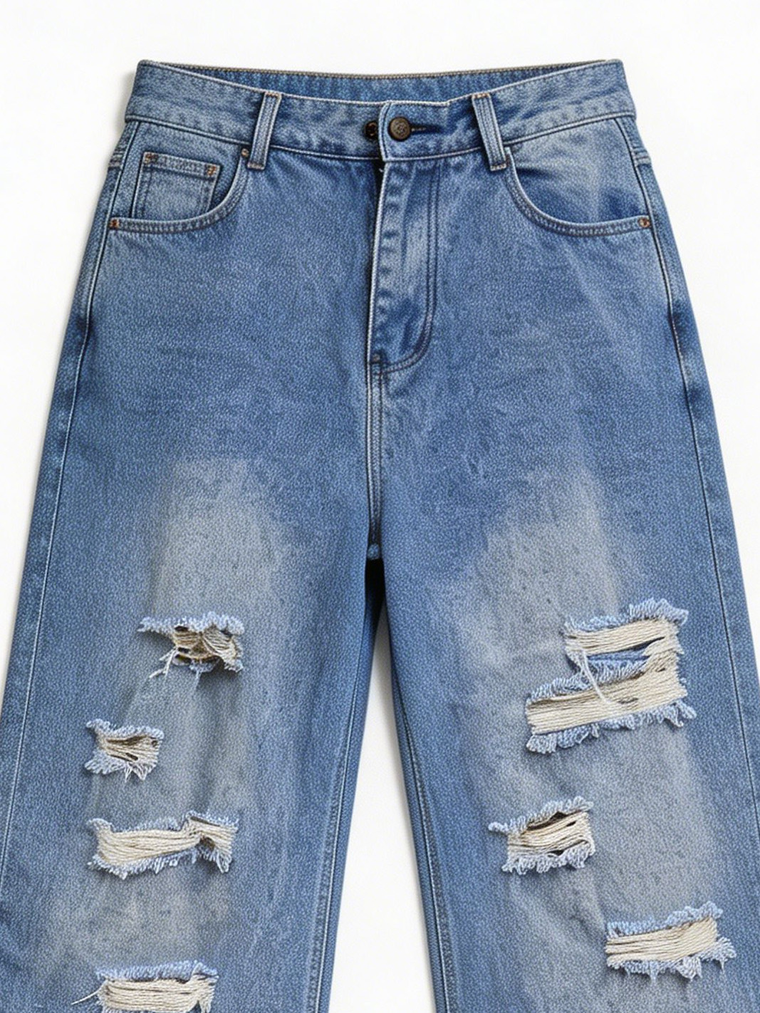 Women's Mid Wash Ripped Wide Leg Baggy Denim Pants ZY6057