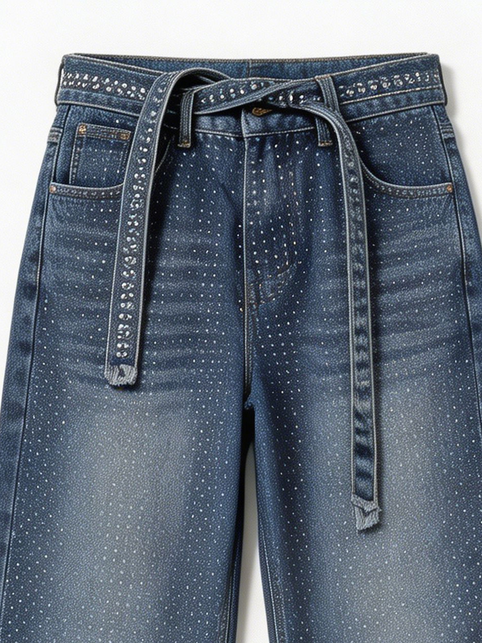 Women's Glam Rhinestone Baggy Wide Leg Denim Pants ZY6061
