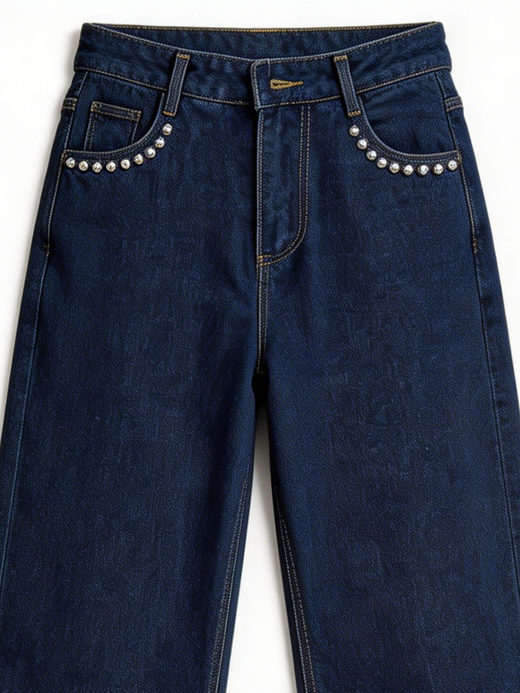 Women's Dark Blue High Rise Wide Leg Jeans with Rhinestone Detail ZY6064