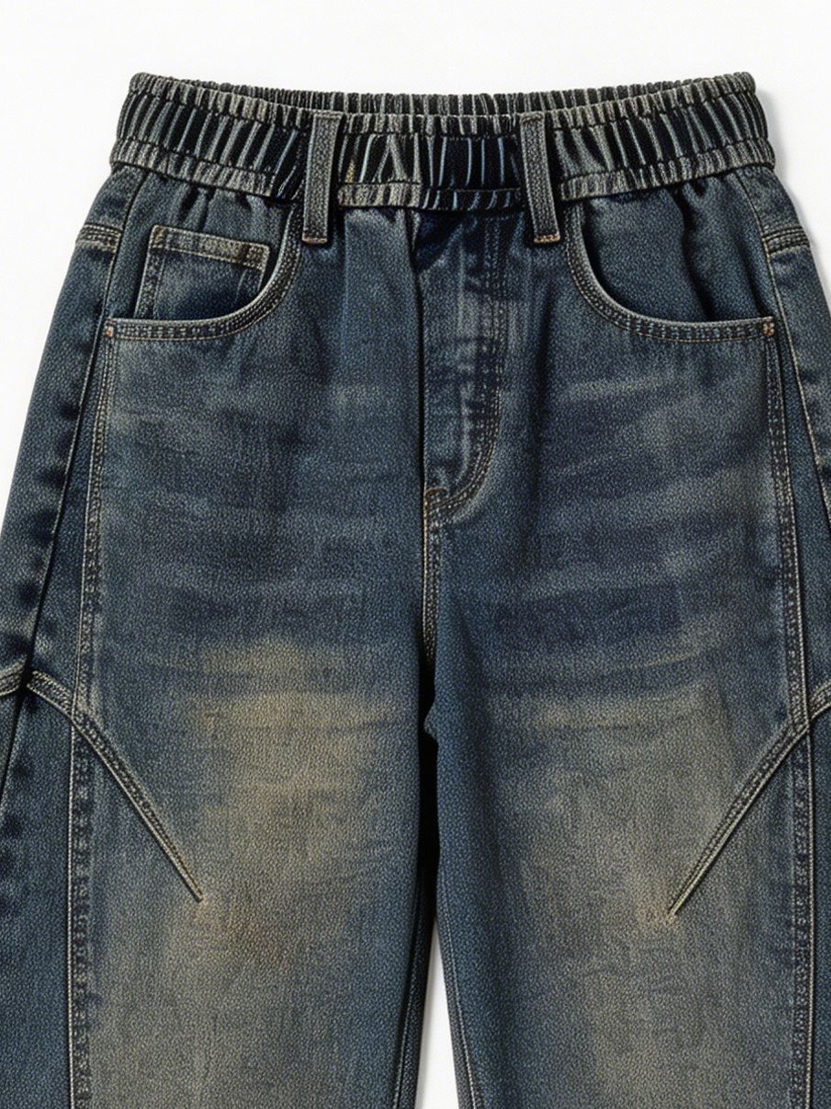 Mid-Wash High Waist Elastic Waist Wide Leg Panelled Jeans ZY6065