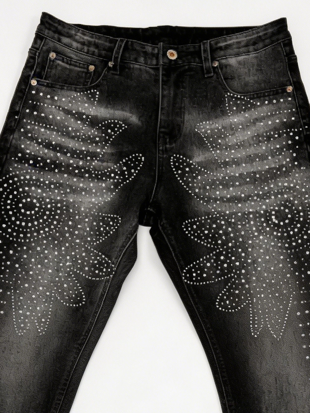 Hot Fix Rhinestone Pattern Washed Black Straight Jeans for Women ZY6067
