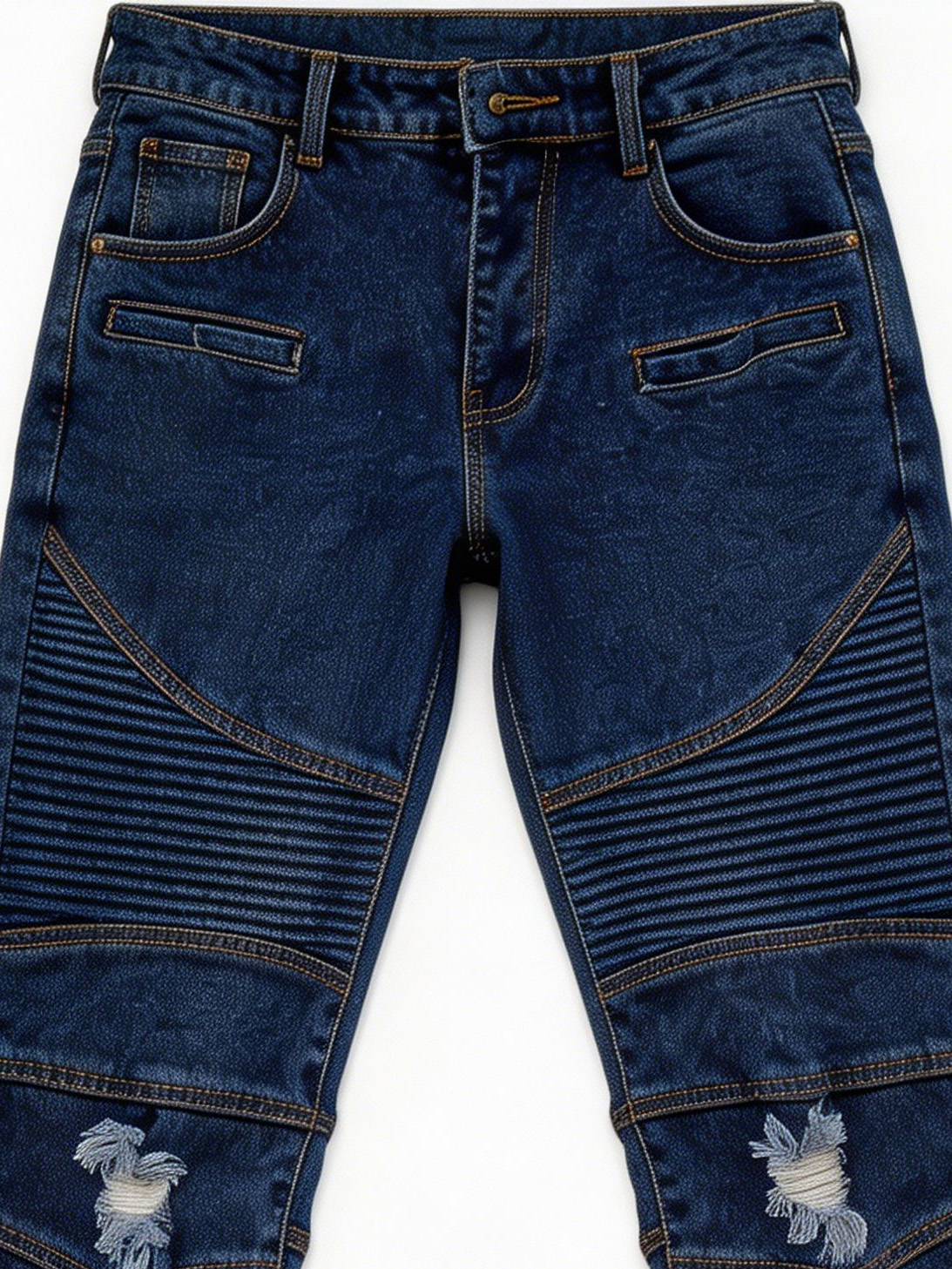 High-Waist Distressed Indigo Denim Pants with Ribbed Panel and Ripped Knees ZY6070