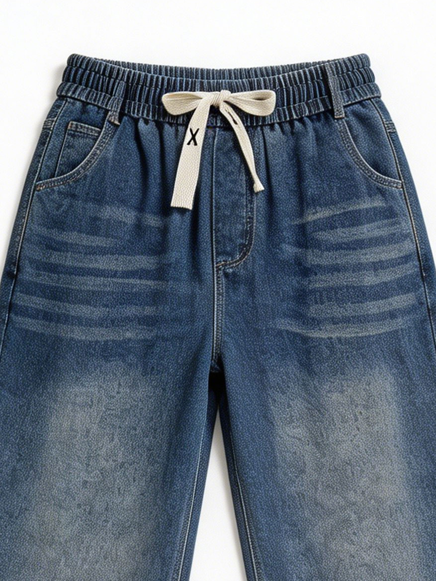 Casual Drawstring Elastic Waist Wide Leg Women Denim Pants ZY6074
