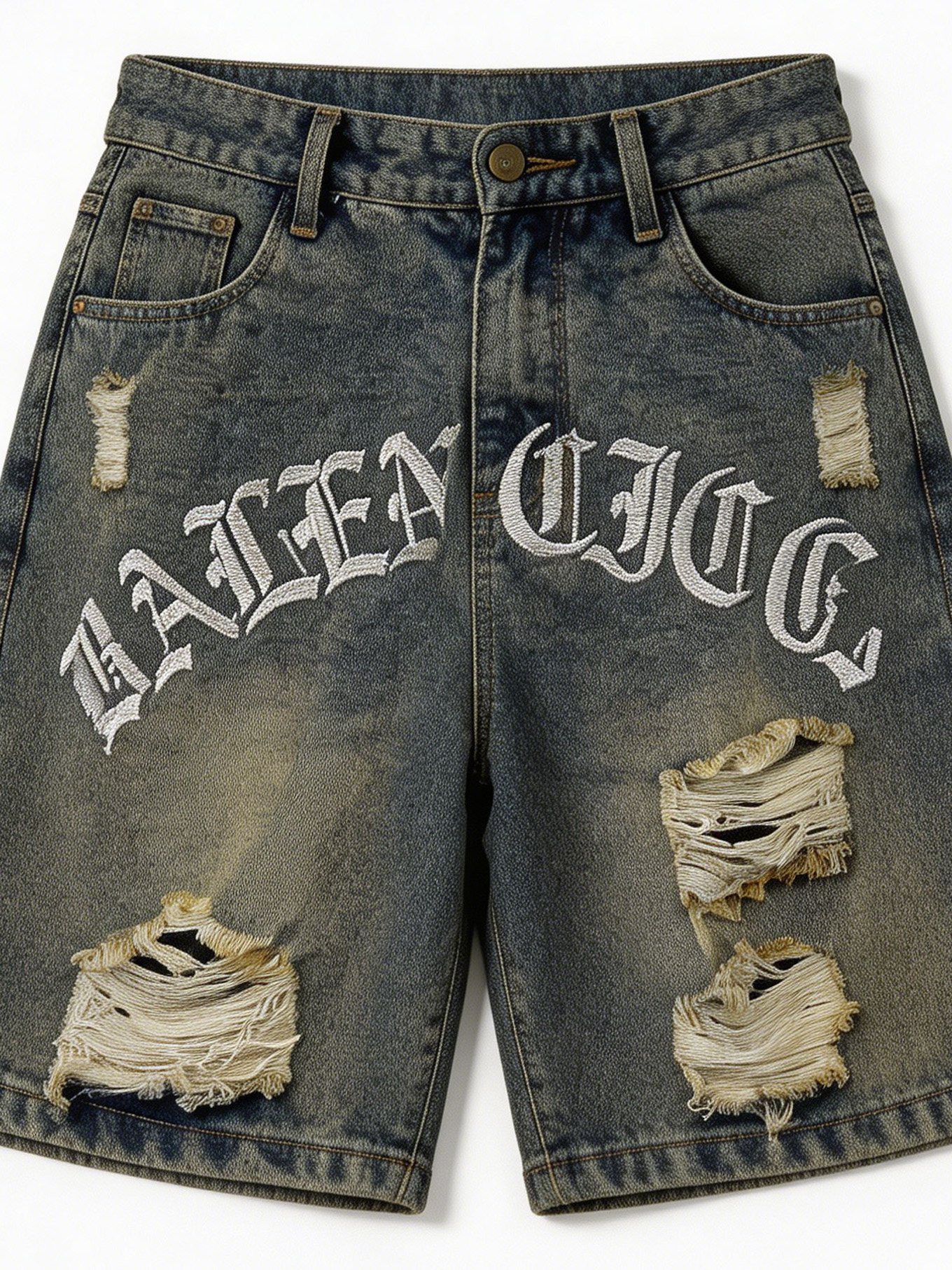 Y2K Streetwear Gothic Embroidery Baggy Denim Shorts Vintage Ripped Jorts ZY6077
