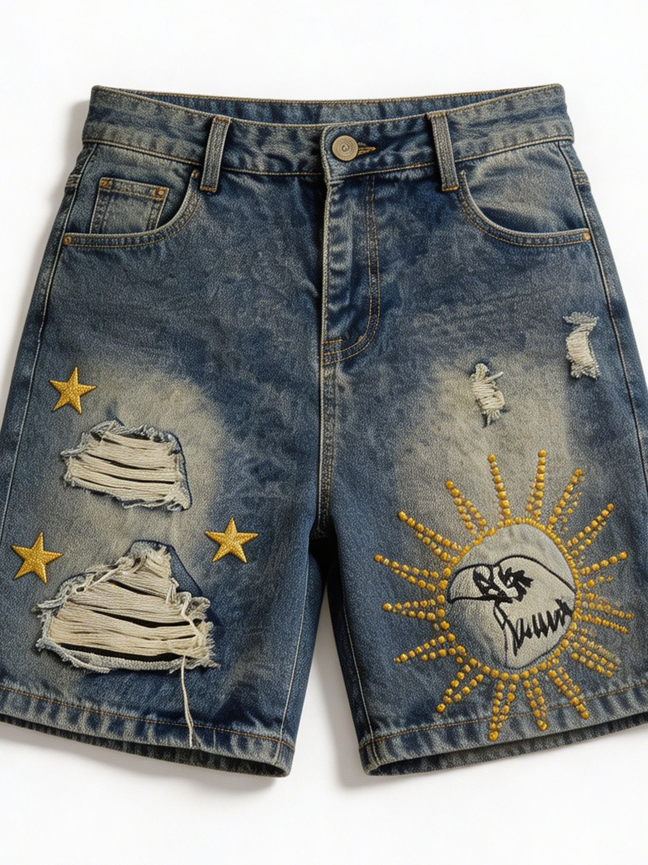 Y2K Streetwear Graphic Star Embroidery Ripped Denim Shorts Jorts ZY6078