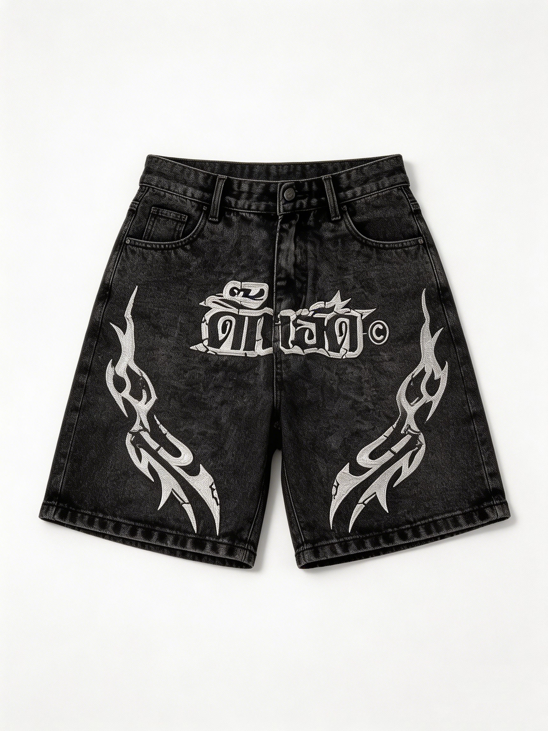 Y2K Streetwear Gothic Letter Embroidery Washed Black Denim Shorts Jorts ZY6079