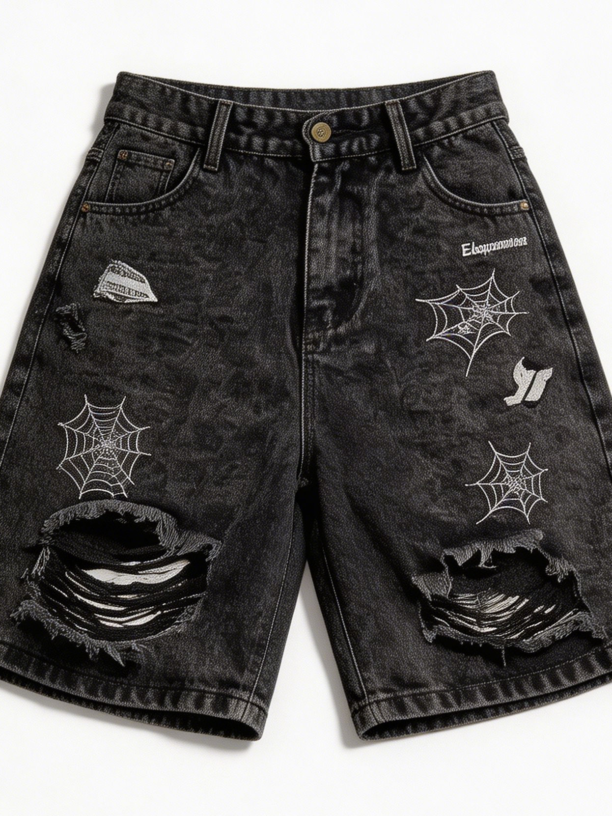 2K Streetwear Spider Web Graphic Ripped Jeans Shorts Baggy Denim Jorts ZY6080