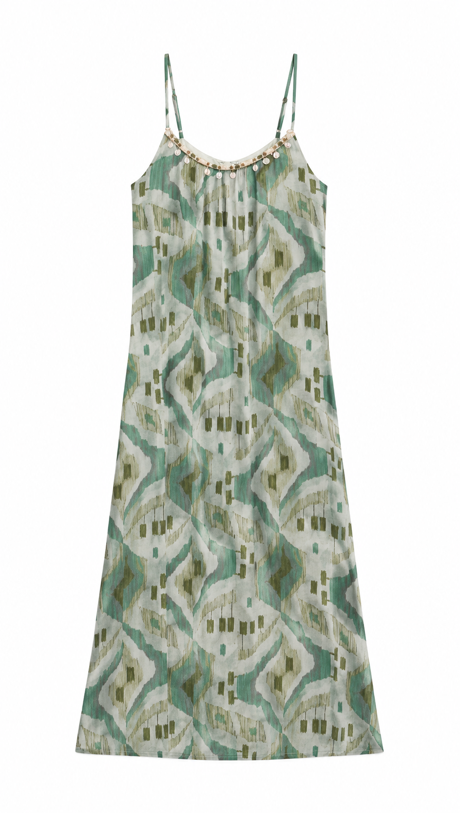 Boho Beaded Neckline Maxi Dress Women Geometric Print Summer Resort Wear AN-121009