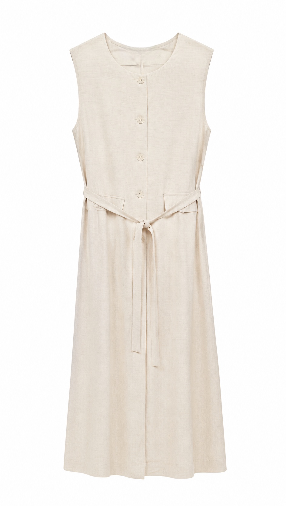 Quiet Luxury Linen Look Sleeveless Button Down Midi Dress with Belt AN-121011