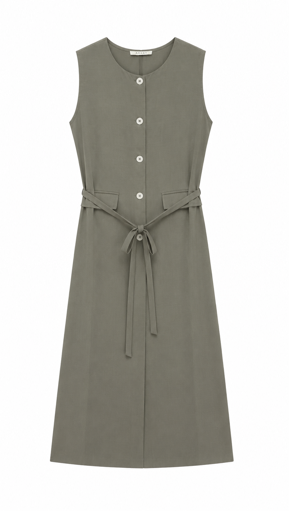 Quiet Luxury Linen Look Sleeveless Button Down Midi Dress with Belt AN-121011