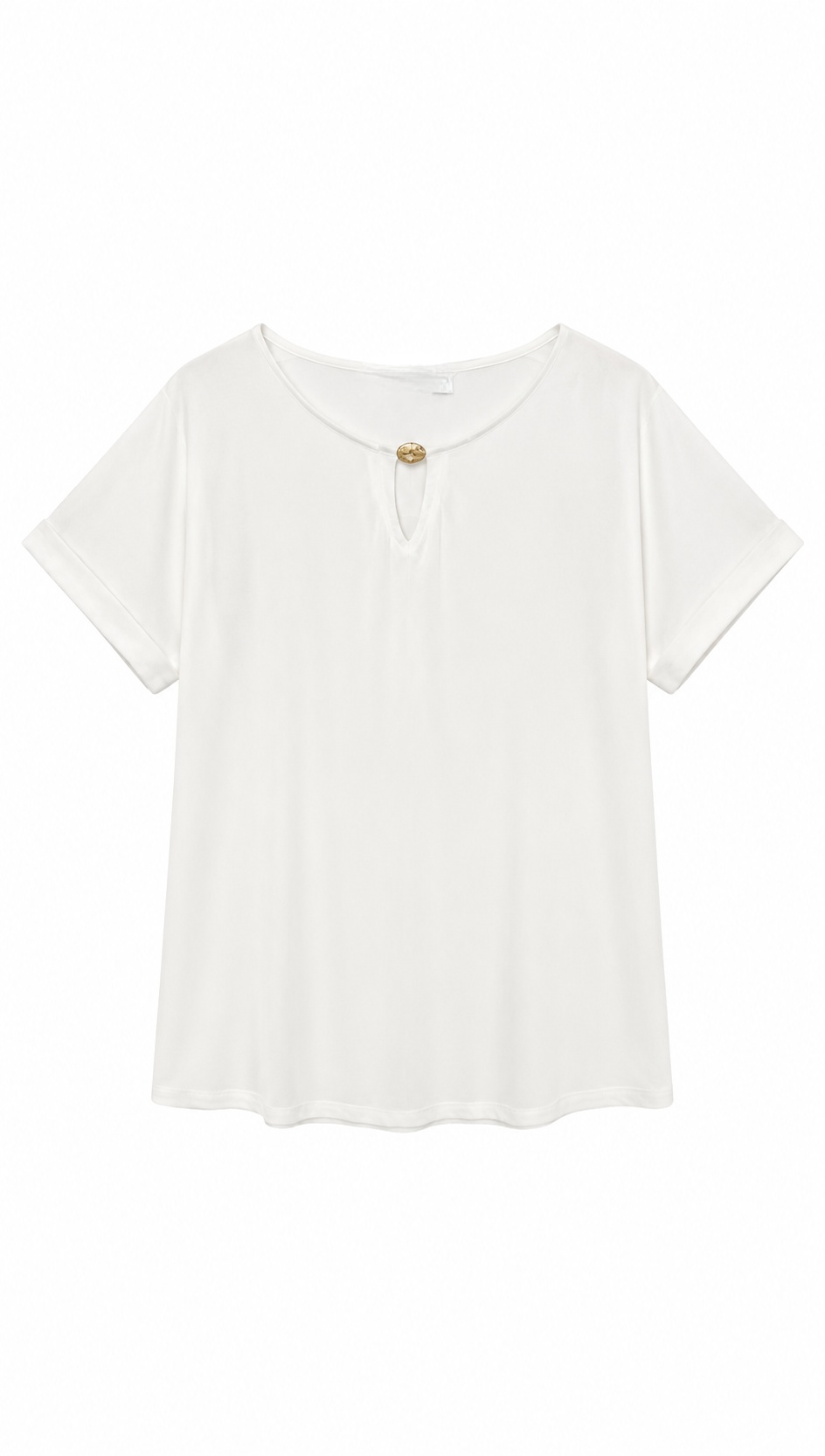 Minimalist V-Neck Keyhole Blouse Metal Ring Detail Relaxed White Top AN-121015