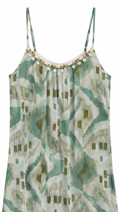 Boho Beaded Neckline Maxi Dress Women Geometric Print Summer Resort Wear AN-121009