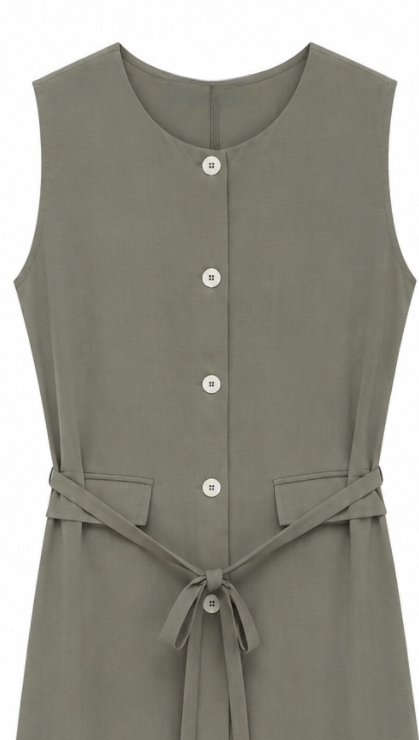 Quiet Luxury Linen Look Sleeveless Button Down Midi Dress with Belt AN-121011