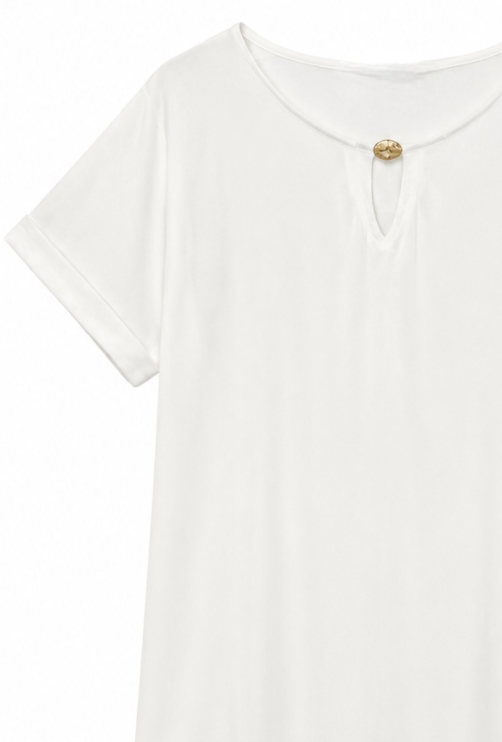 Minimalist V-Neck Keyhole Blouse Metal Ring Detail Relaxed White Top AN-121015