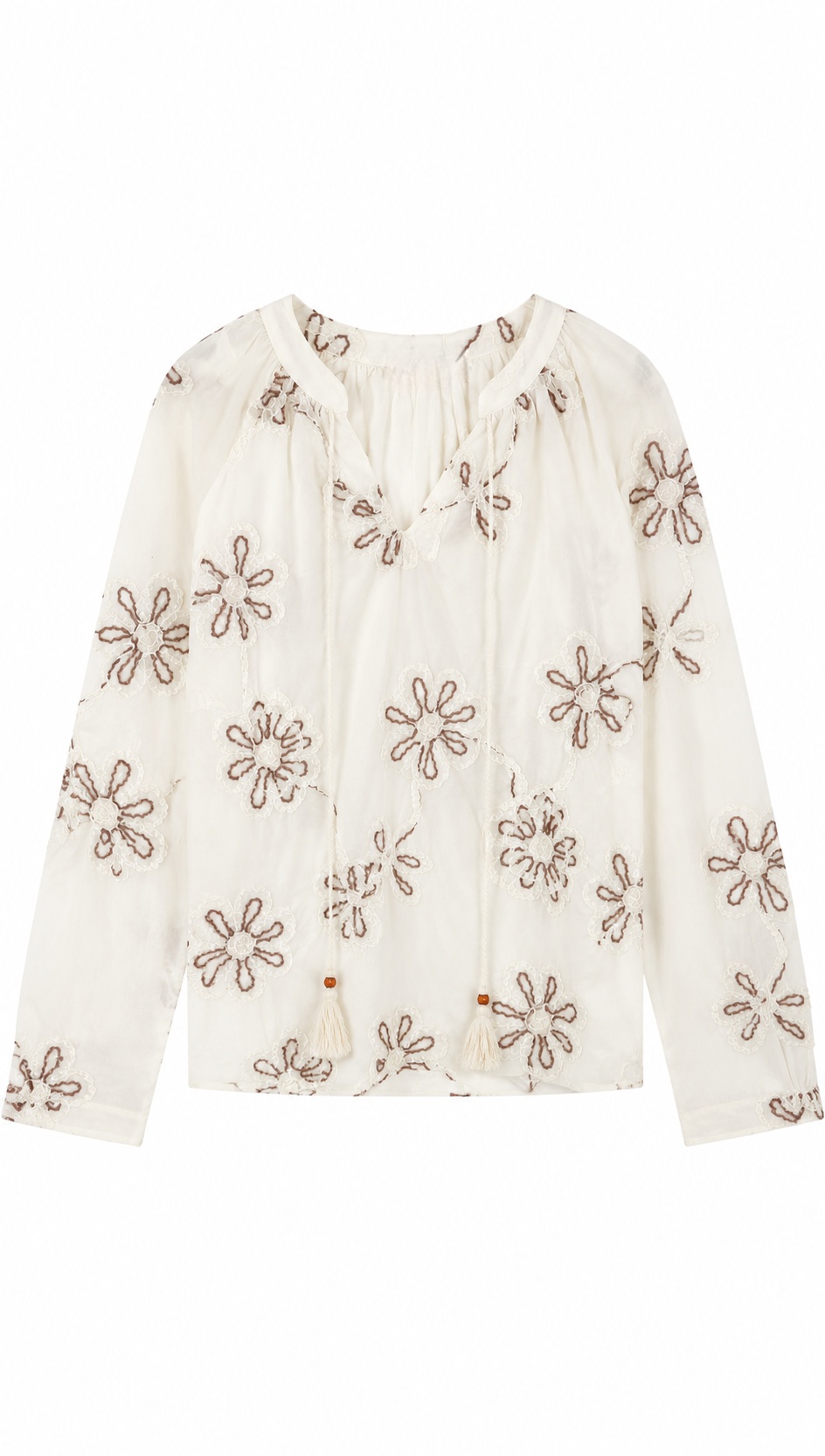 Boho Embroidered Long Sleeve Tunic with Tie-Neck AN-121024