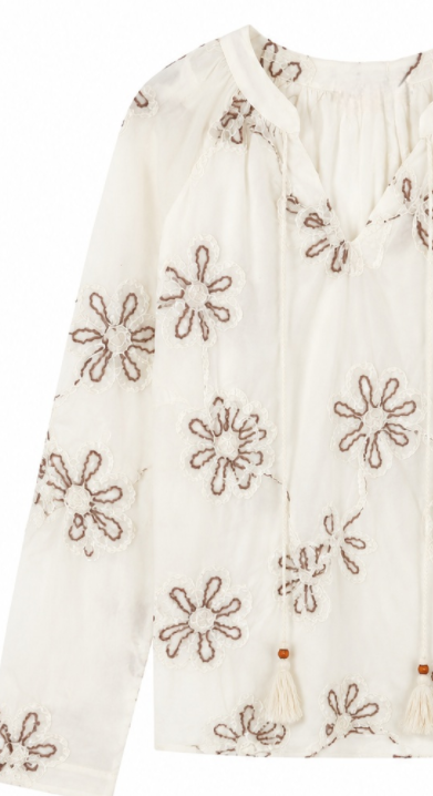 Boho Embroidered Long Sleeve Tunic with Tie-Neck AN-121024
