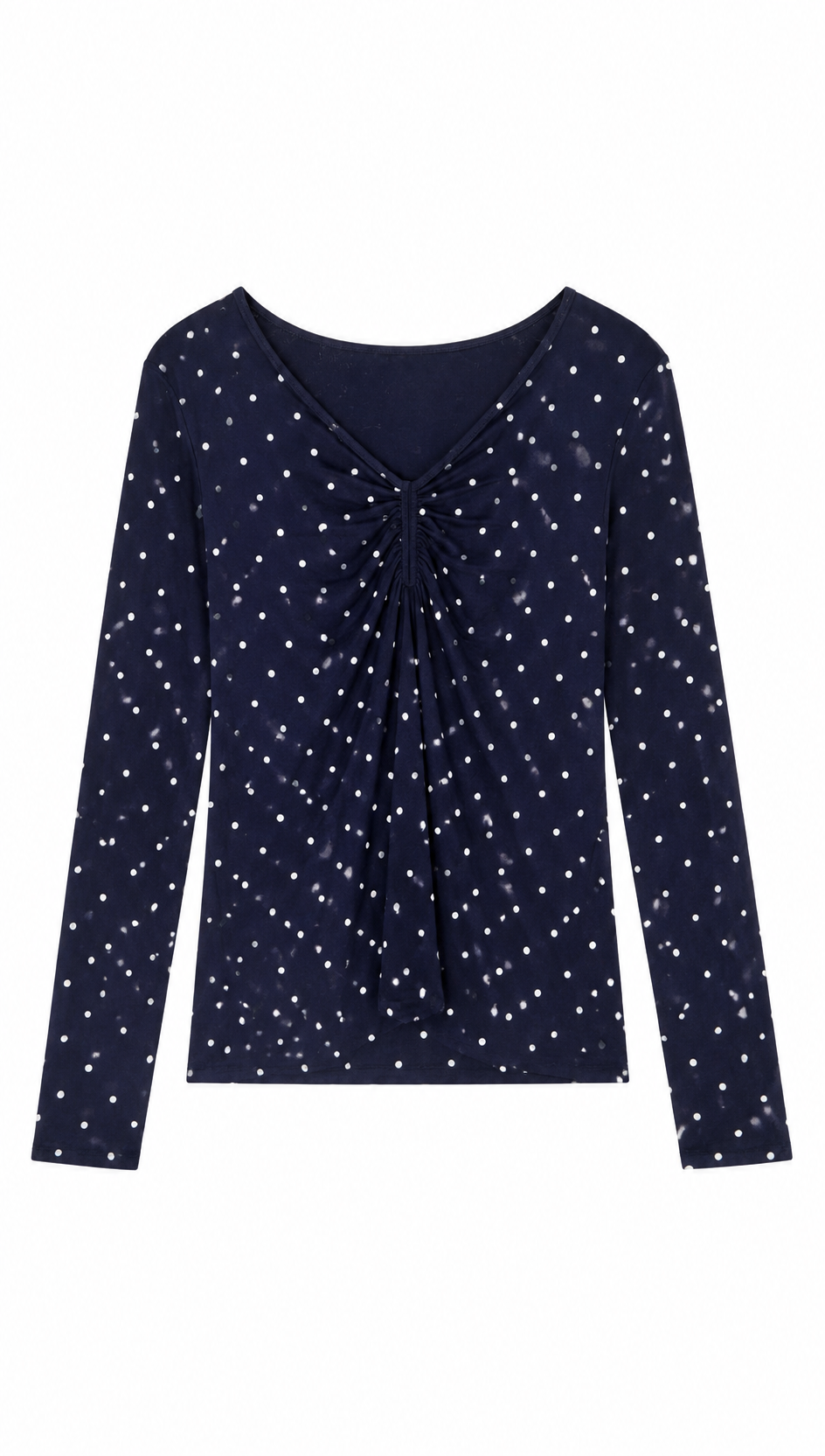 French Style Polka Dot Ruched Tee - V-Neck Slim Fit Top  AN-710008
