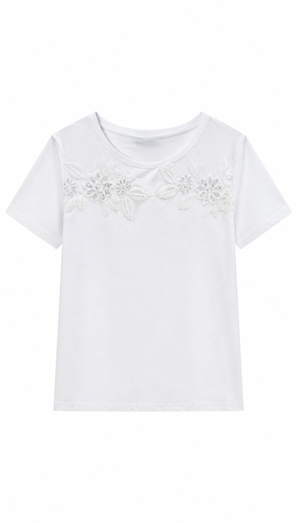 Women’s Pearl Beaded Floral Applique Short Sleeve T‑Shirt AN-750002
