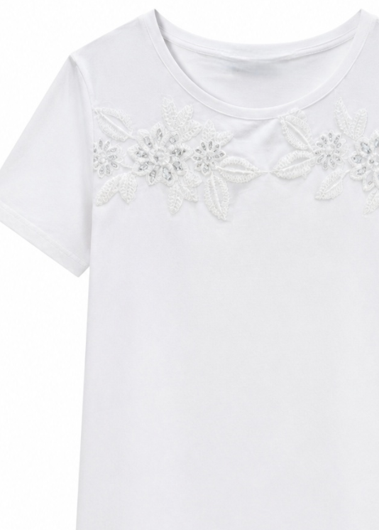 Women’s Pearl Beaded Floral Applique Short Sleeve T‑Shirt AN-750002