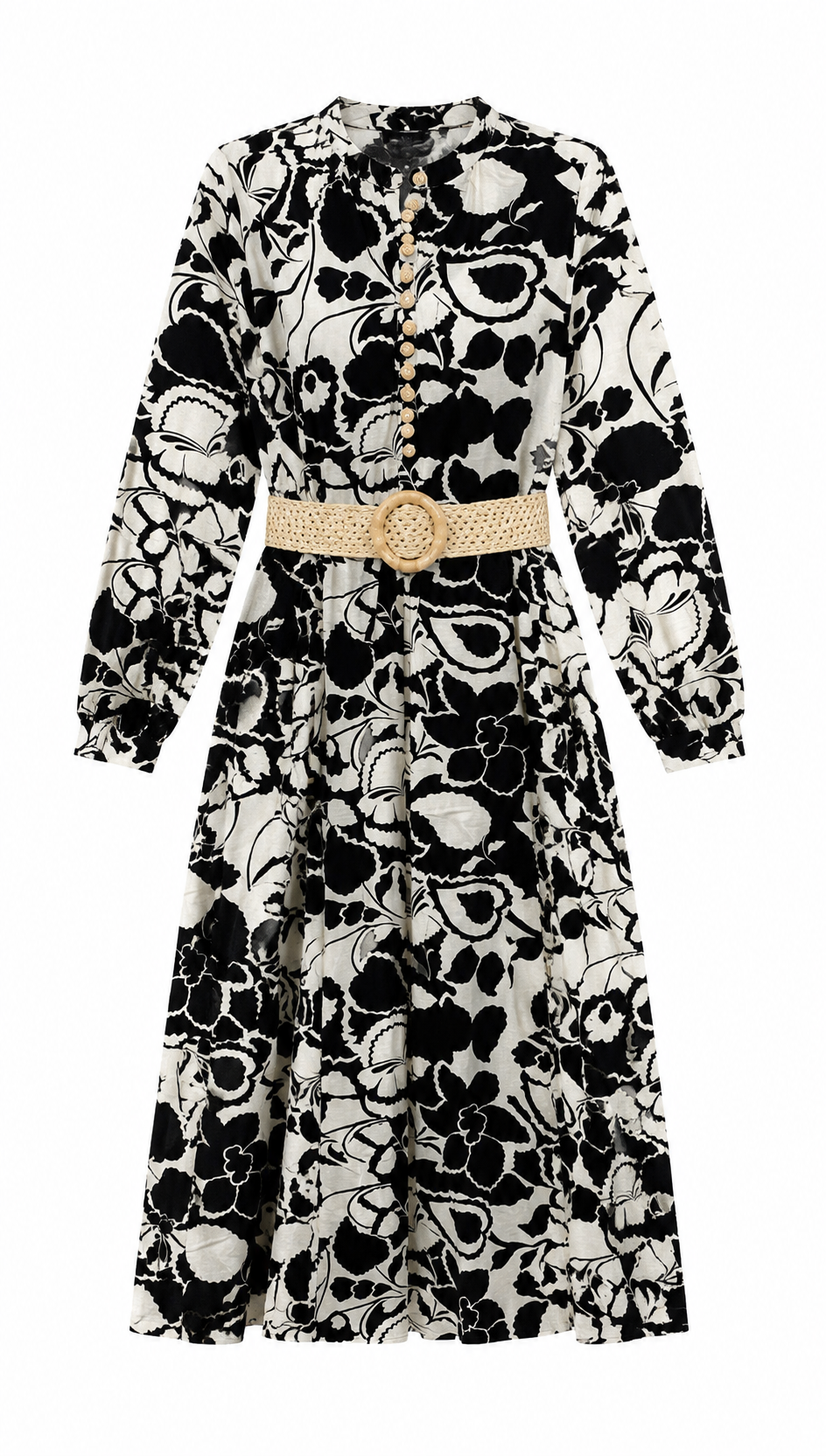 Elegant  Floral Print Midi Dress - Puff Sleeve Belted Dress AN-710026