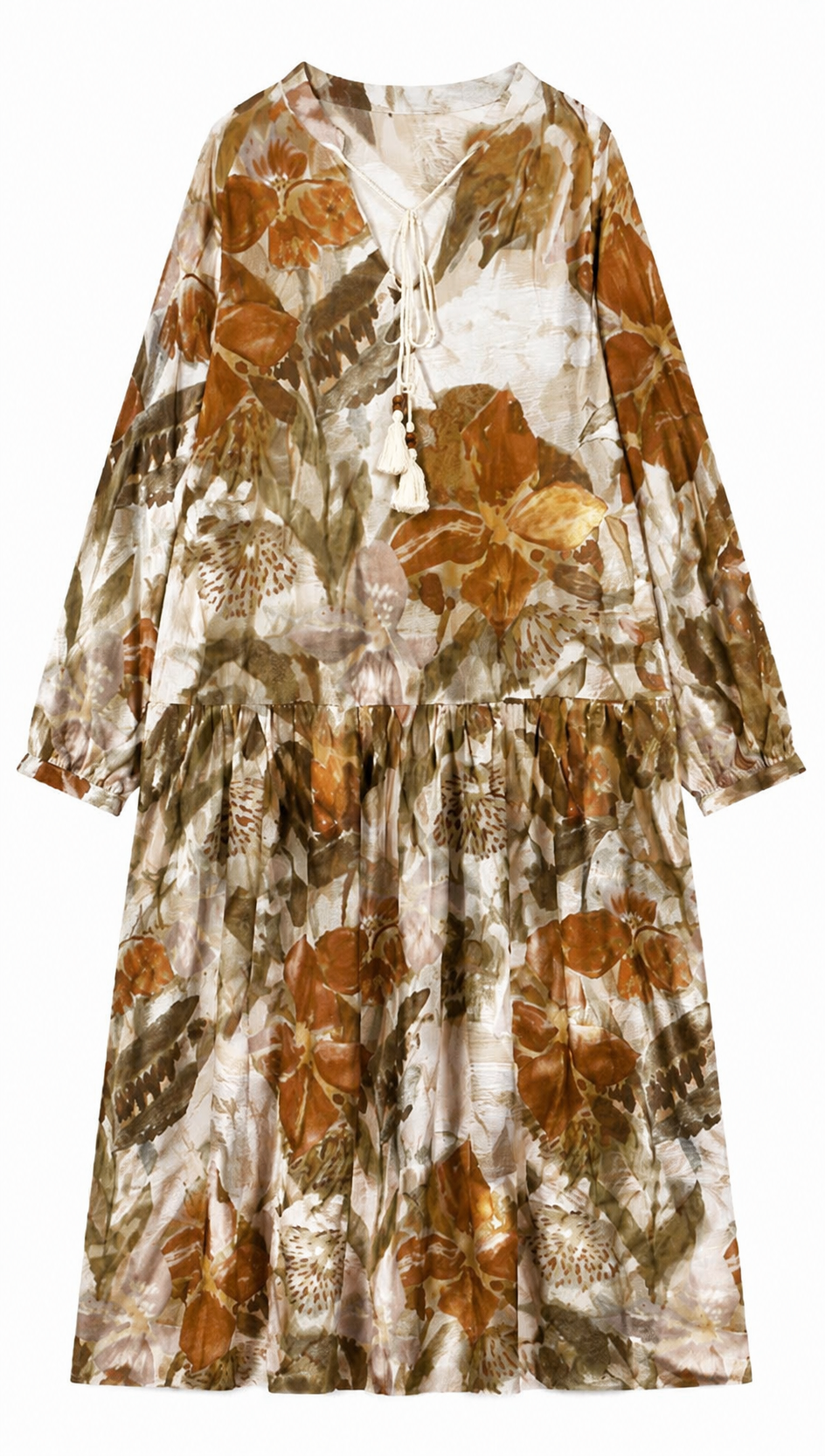 Boho Floral Maxi Dress – V-Neck Tassel Tie Loose Fit Long Sleeve Resort Dress AN-121008