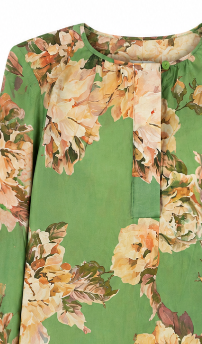 Minimalist Floral Print Long Sleeve Blouse - Premium Linen Look AN-620018