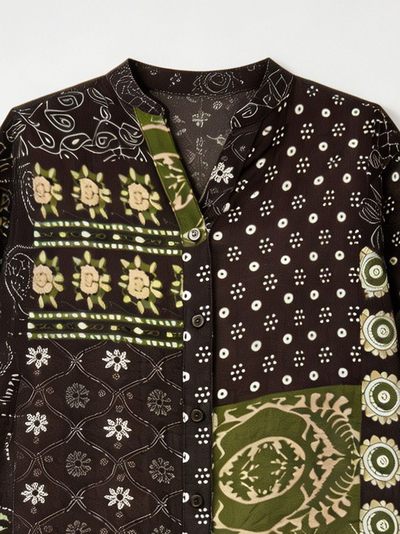 Women’s Boho Patchwork Print Button Down Shirt A-43175