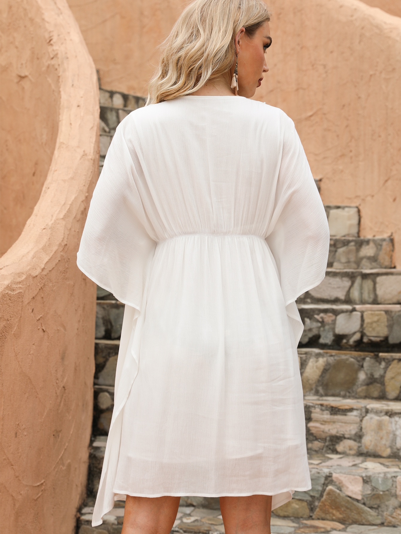 Women’s Boho Lace Trim Tassel Tie White Beach Cover Up Dress D-35309