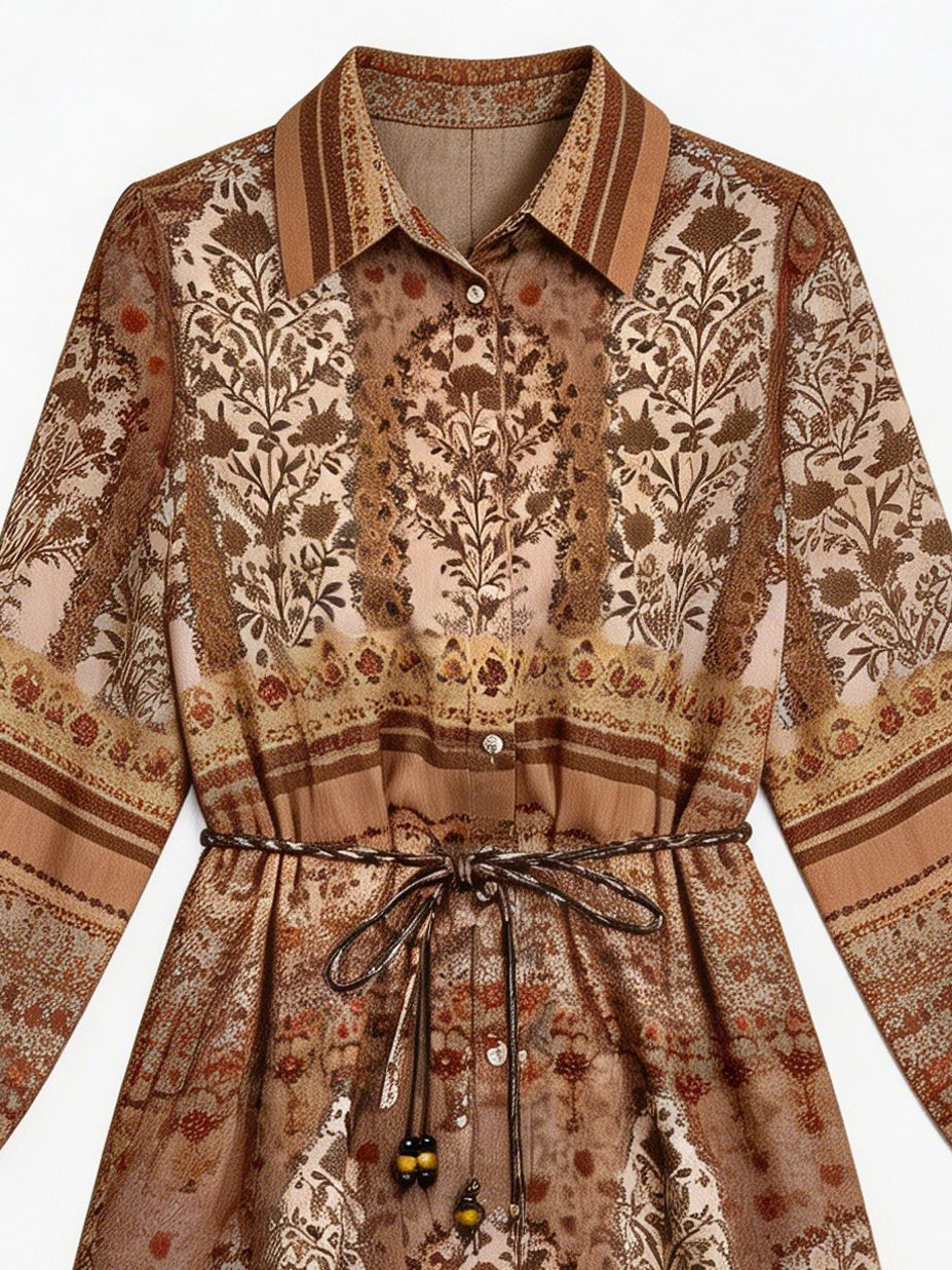 Beaded Belted Floral Print Shirt Dress - Boho Chic Dress A-43049