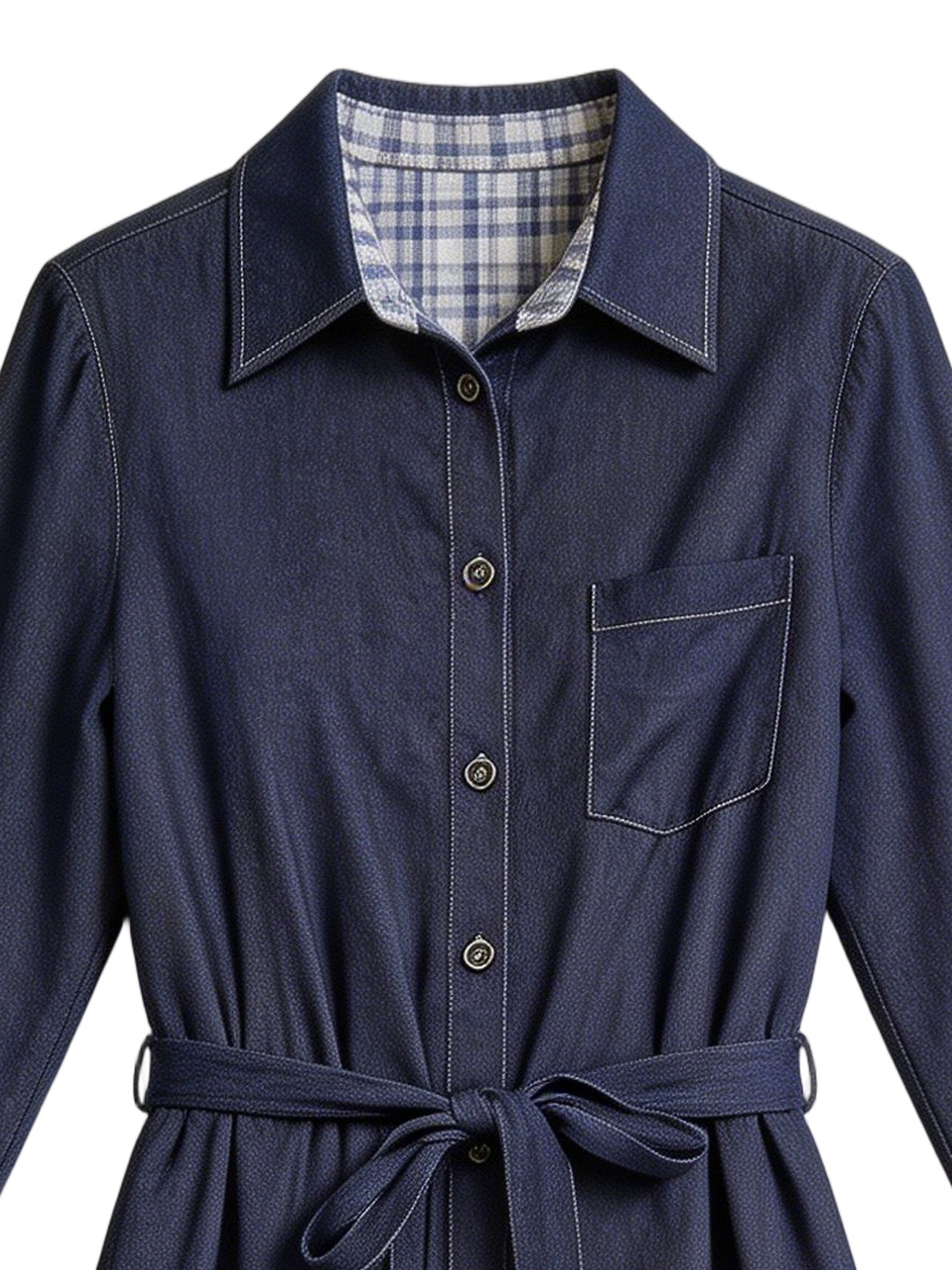 Denim Shirt Dress with Belt - Casual Midi Dress A-43054