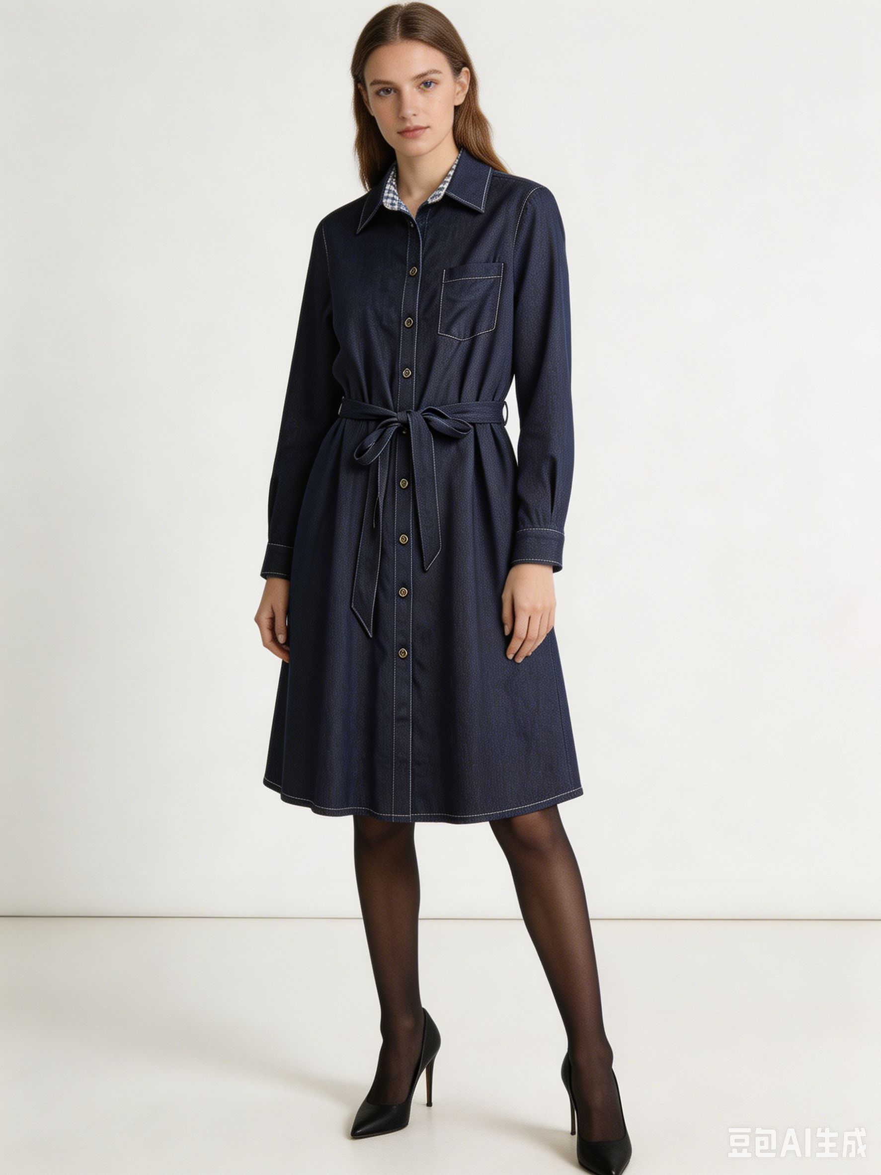 Denim Shirt Dress with Belt - Casual Midi Dress A-43054