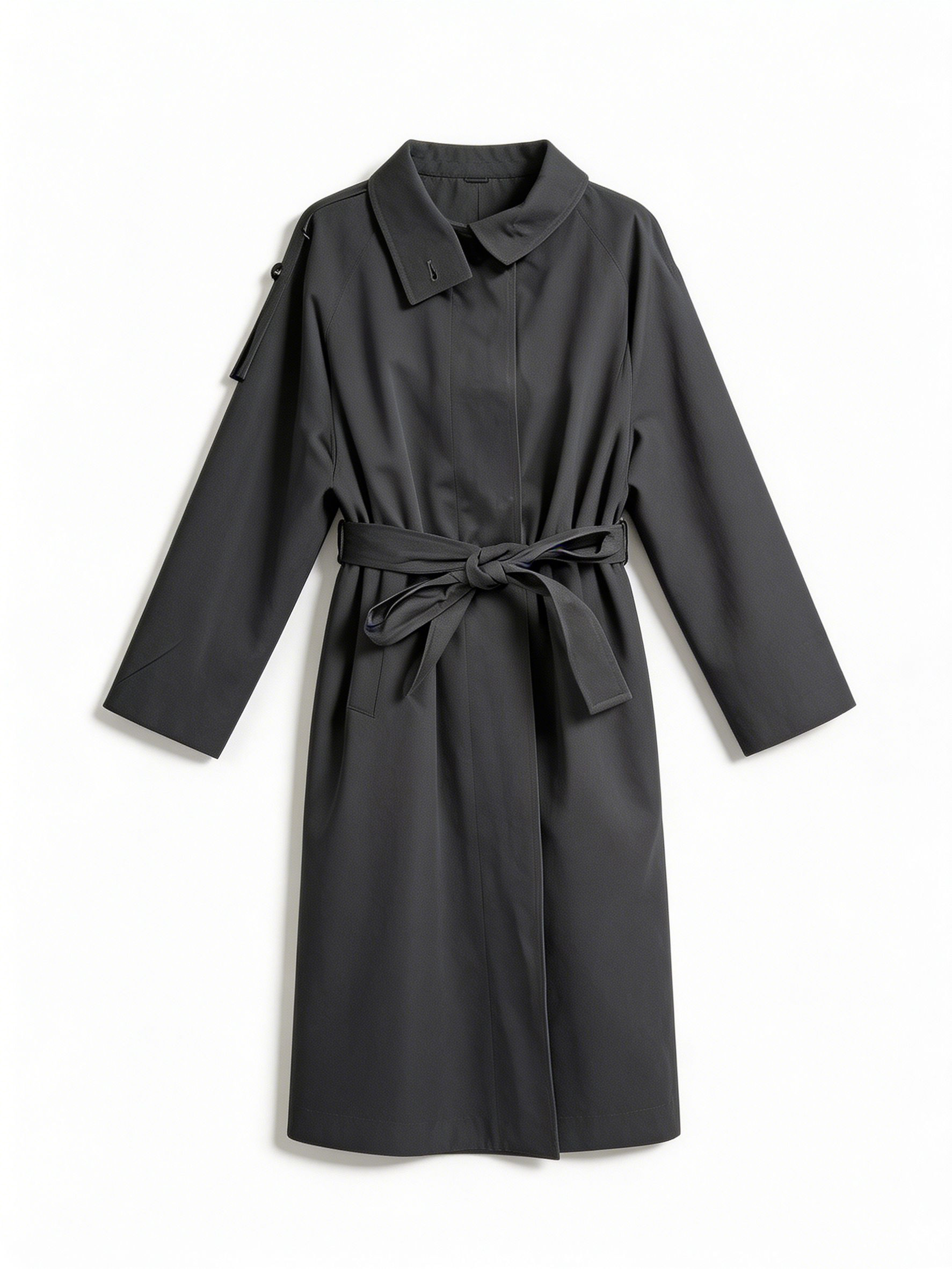 Dark Grey Belted Trench Coat with Asymmetric Collar - Long Outerwear M-42870