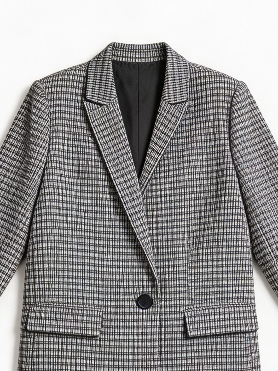 Navy White Plaid Single-Breasted Blazer - Casual Outerwear M-42875