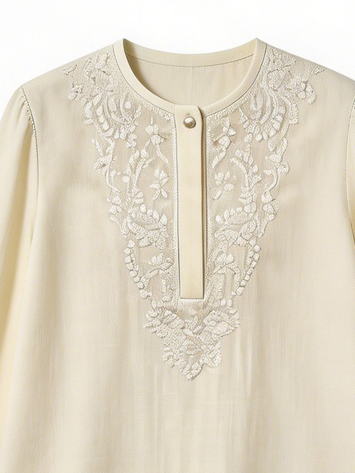 Cream Linen-Blend Embroidered Two-Piece Set - Casual Outfit W-43021+M-42740