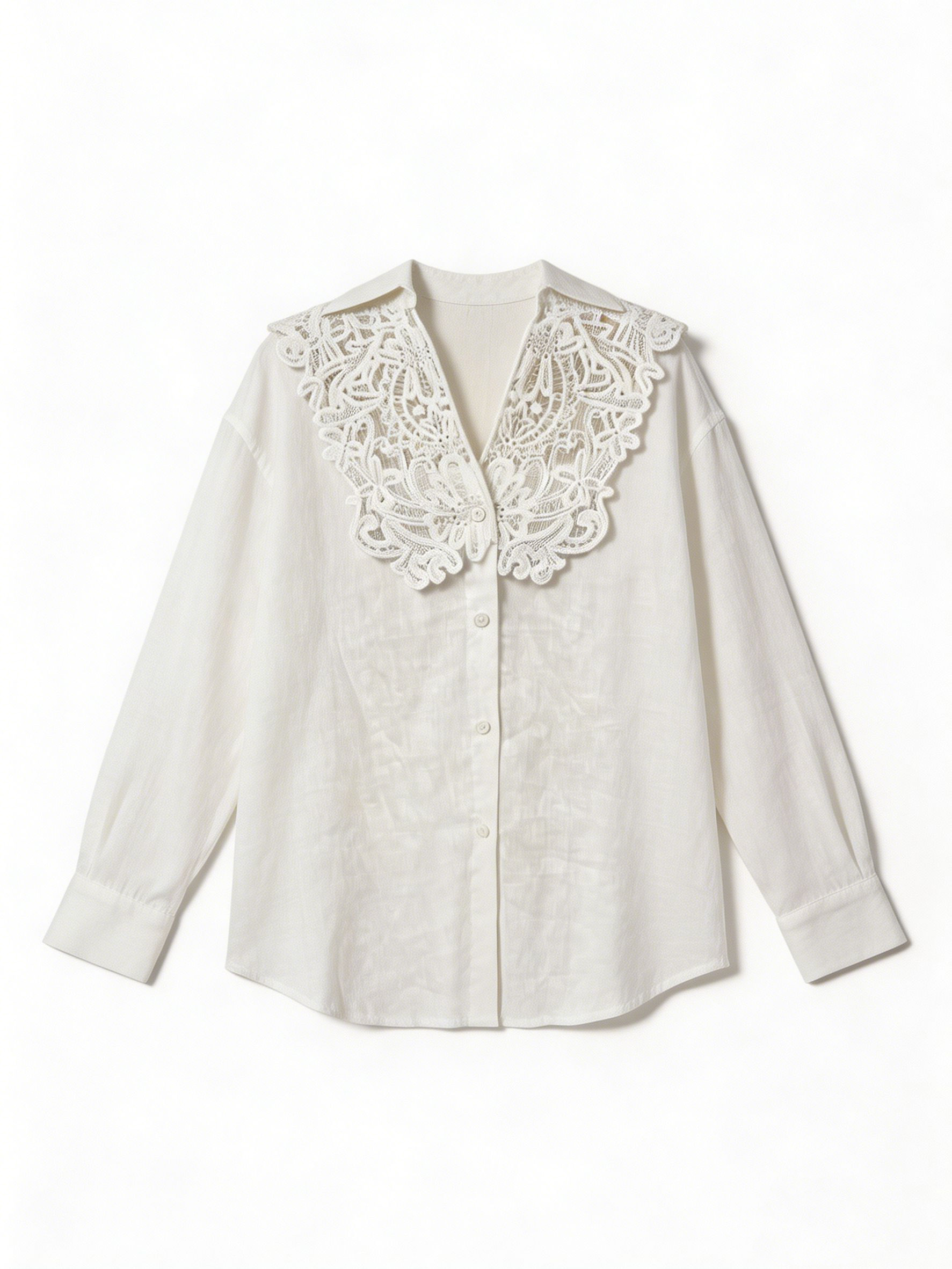 White Linen Shirt with Lace Collar - Casual Long Sleeve Blouse XW-42332