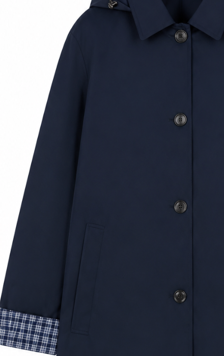 Elegant Navy Single-Breasted Coat with Plaid Accent WC-001
