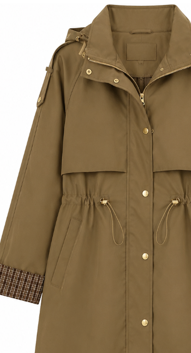 Khaki Drawstring Waist Trench Coat with Plaid Cuffs WC-004
