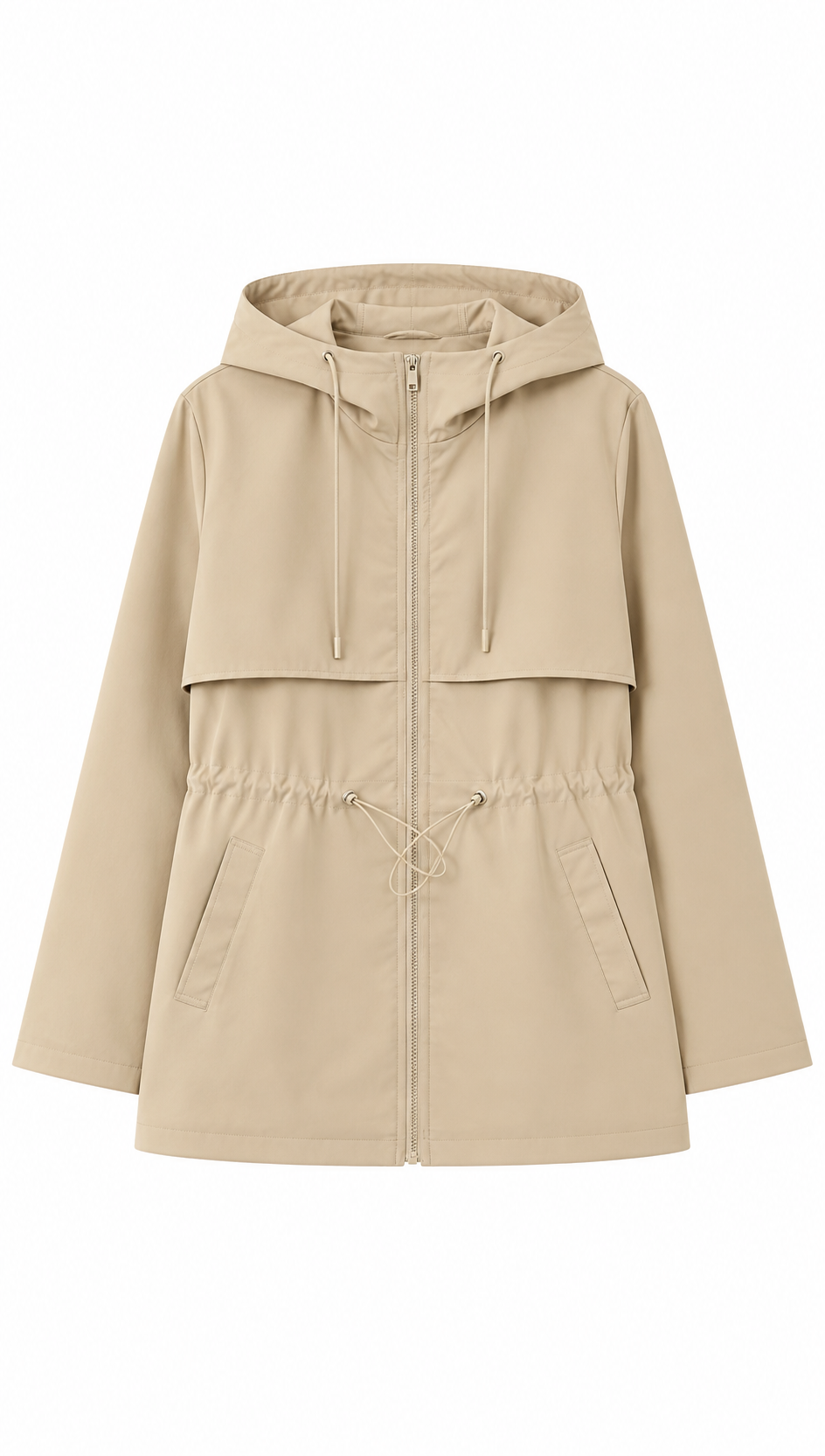 Beige Drawstring Waist Hooded Parka - Casual Outerwear WC-007