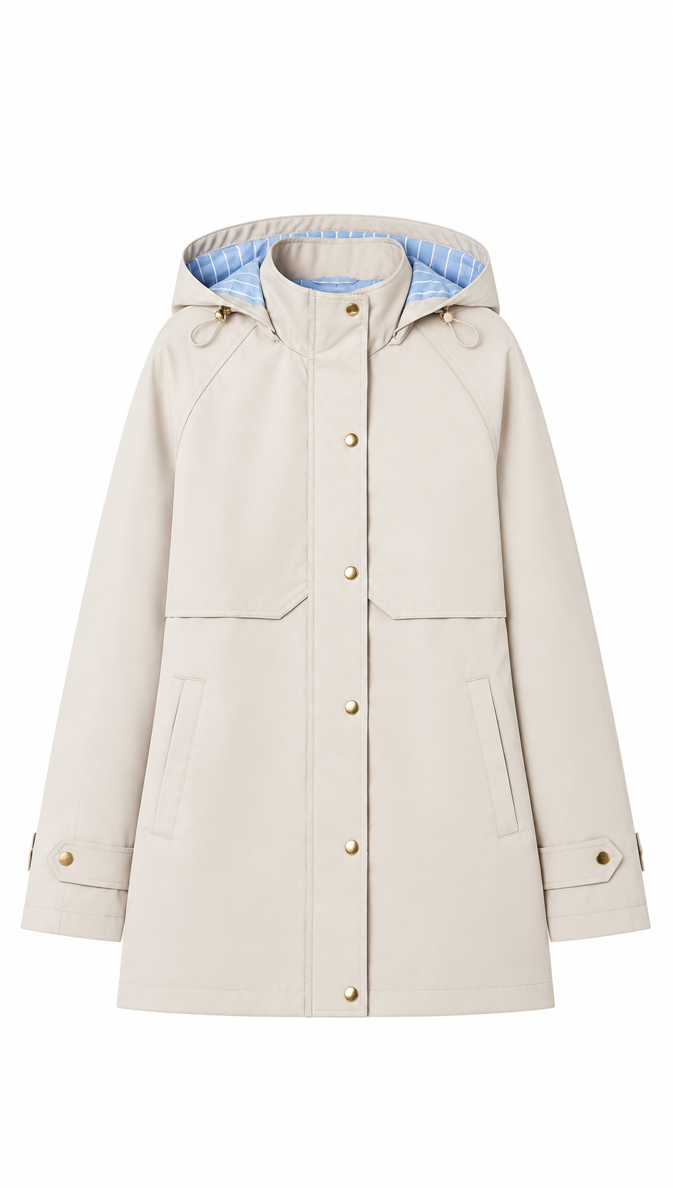 Beige Hooded Trench Coat with Plaid Lining & Gold Buttons WC-011