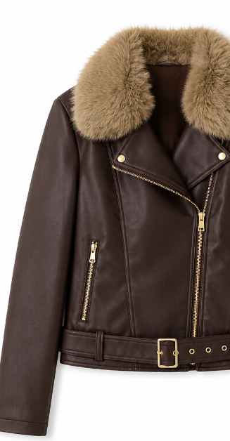 Brown Faux Leather Moto Jacket with Detachable Fur Collar WC-012