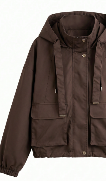 Brown Oversized Hooded Utility Jacket with Drawstrings WC-013